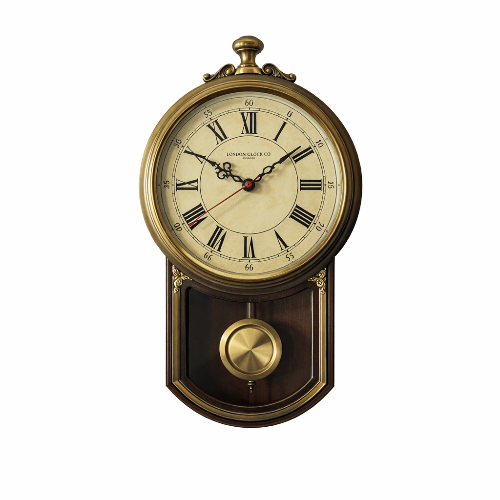 Vintage brass-framed wall clock with Roman numerals and pendulum