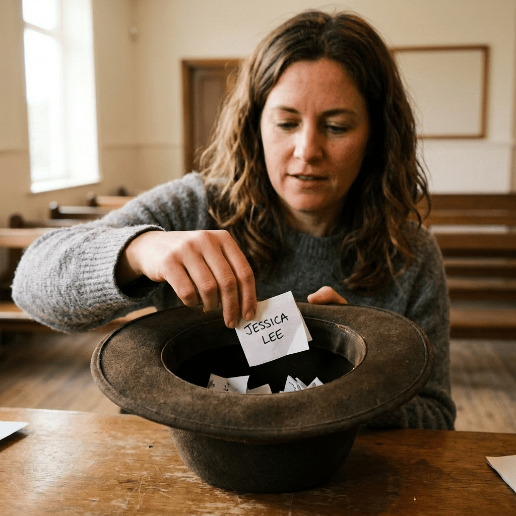 Woman drawing name Jessica Lee from a hat in a meeting